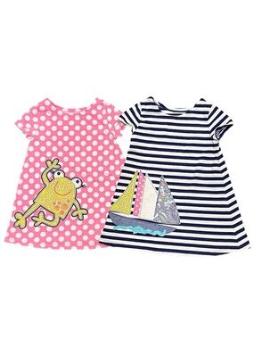J. Khaki Girls 2T Dress Bundle | Pink Polka Dot Frog & Navy Stripe Sailboat
